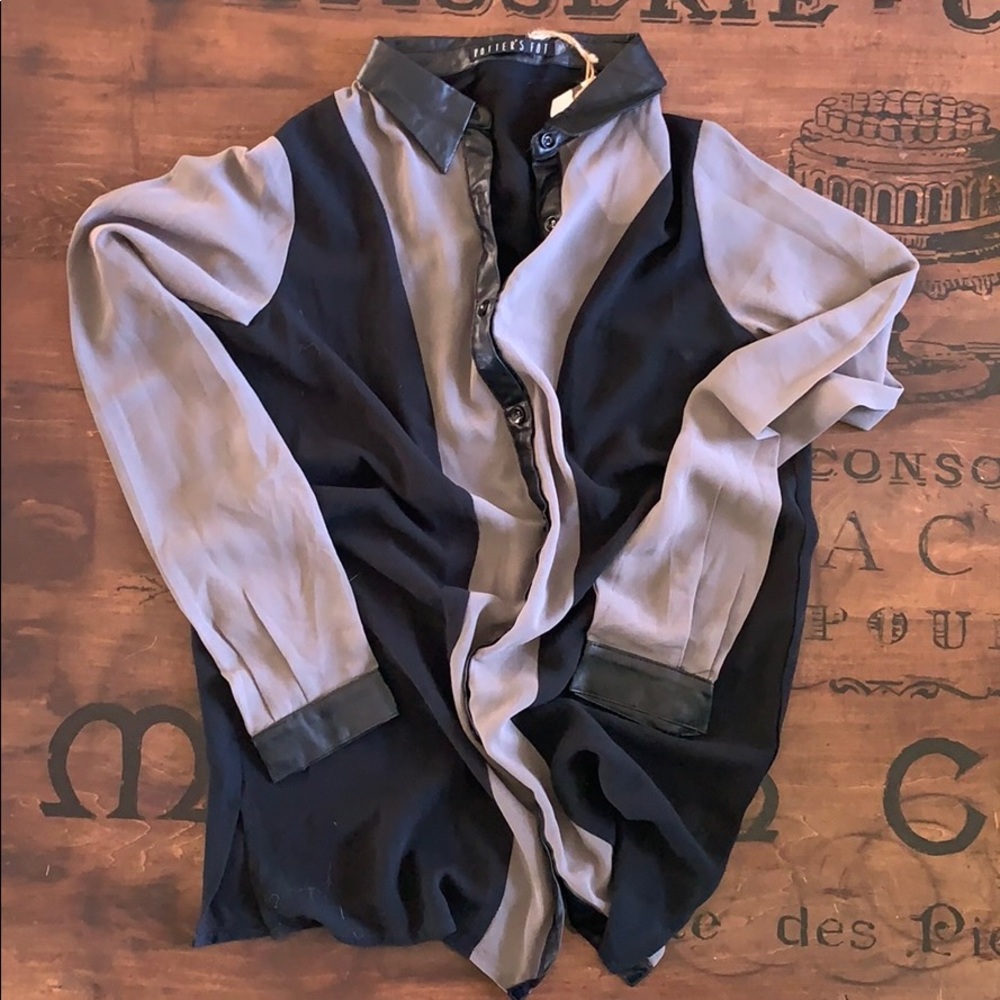 Black and gray blouse with faux leather